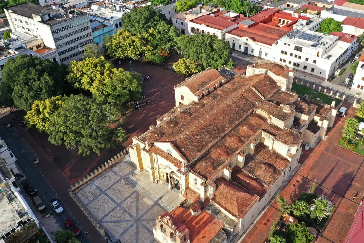 Aerial view of the Ciudad Colonial, with Parque Colón and the cathedral